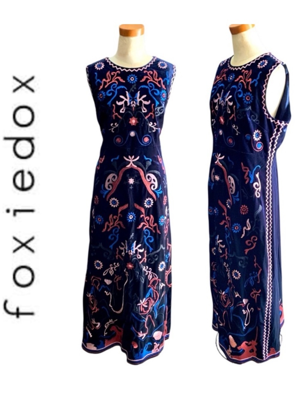 Foxiedox “Fuji” Dark Romantic Blue Velvet Embroidered Cutout Back Midi Dress- 10